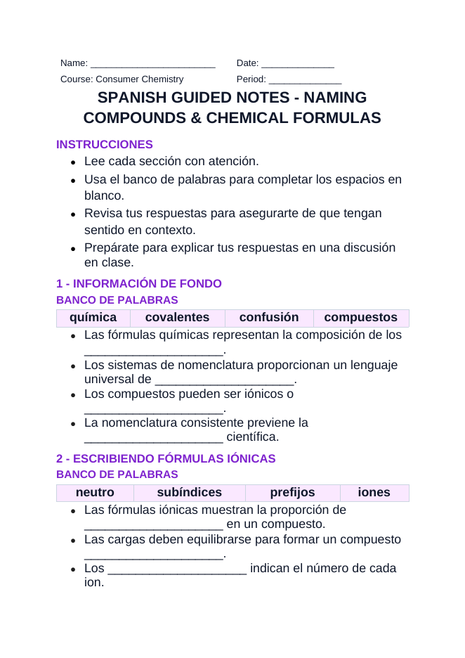 Naming Compounds & Chemical Formulas Spanish Guided Notes sample page