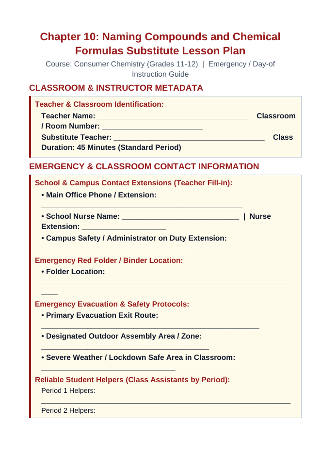 Naming Compounds & Chemical Formulas Substitute Lesson Plan sample page