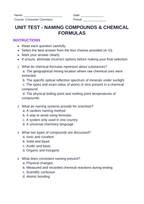 Naming Compounds & Chemical Formulas Unit Test sample page
