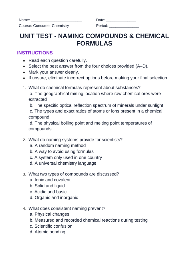 Naming Compounds & Chemical Formulas Unit Test sample page
