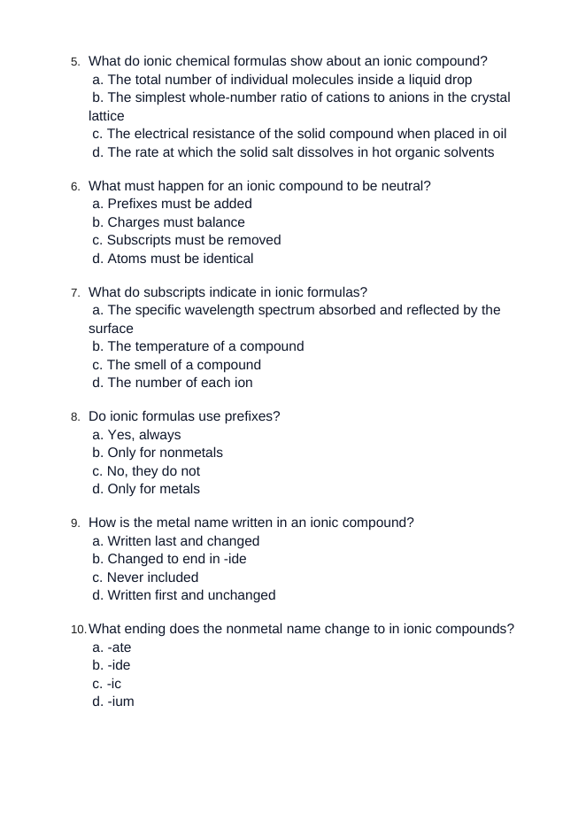 Naming Compounds & Chemical Formulas Unit Test sample page