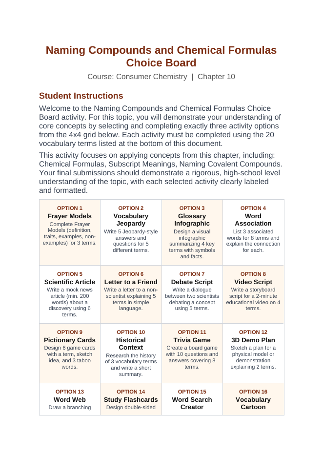 Naming Compounds & Chemical Formulas Vocabulary Choice Board sample page