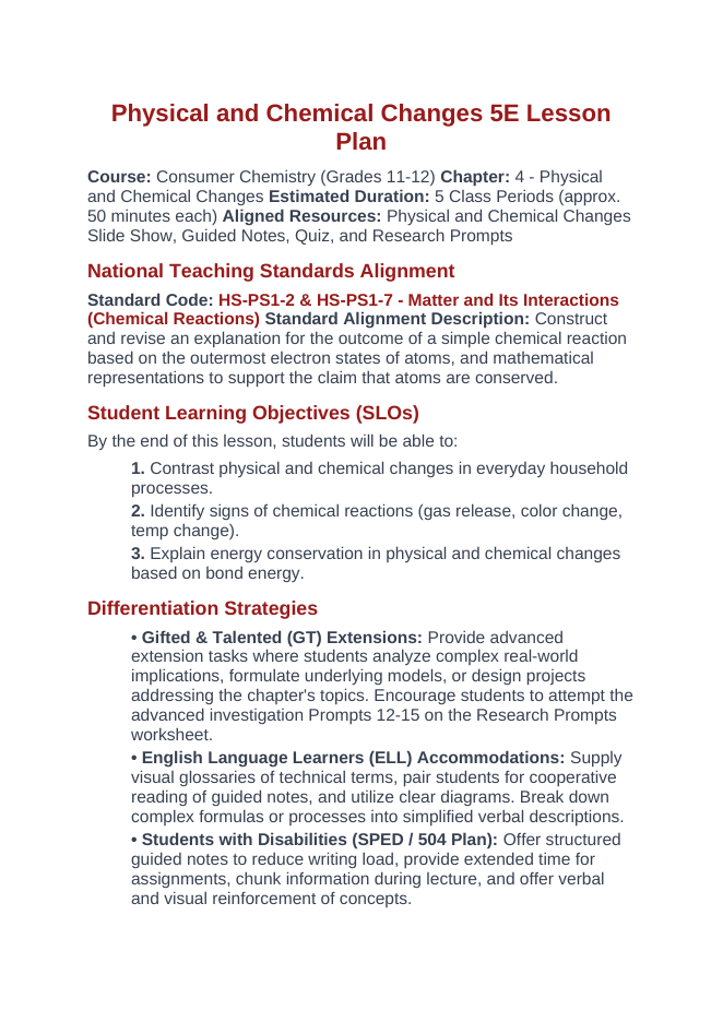 Physical & Chemical Changes 5E Lesson Plan sample page