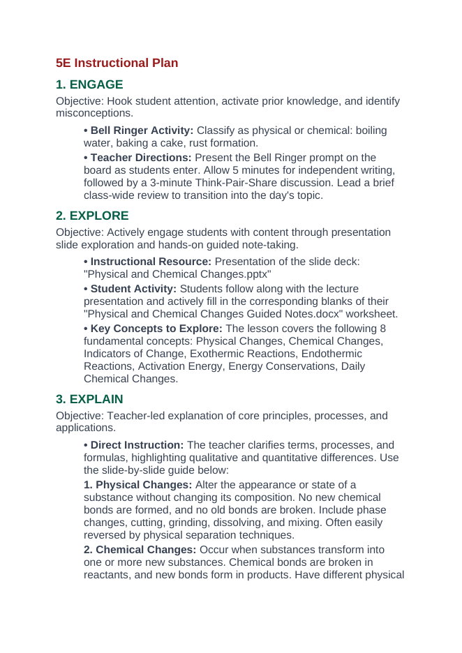 Physical & Chemical Changes 5E Lesson Plan sample page