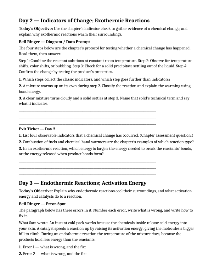 Physical & Chemical Changes Bell Ringers & Exit Tickets sample page