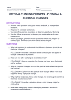 Physical & Chemical Changes Critical Thinking Prompts sample page