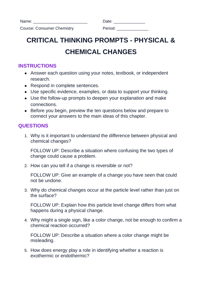 Physical & Chemical Changes Critical Thinking Prompts sample page