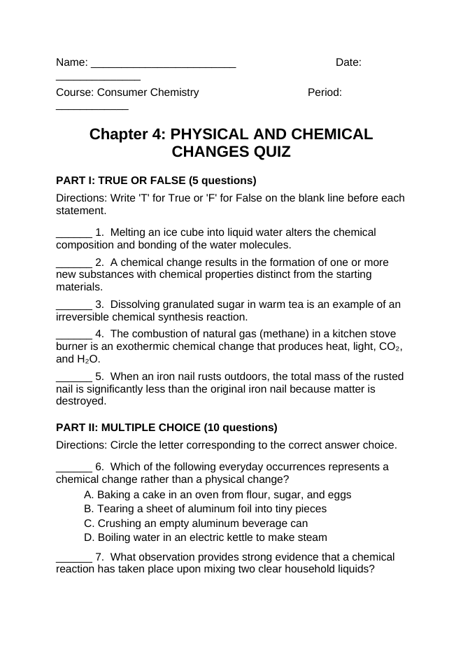 Physical & Chemical Changes Lesson Quiz sample page