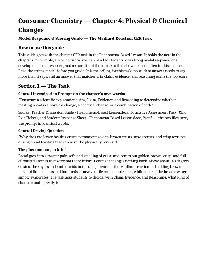 Physical & Chemical Changes Model Response & Scoring Guide sample page