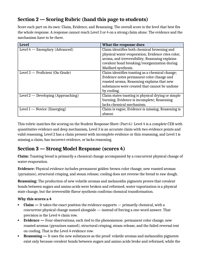 Physical & Chemical Changes Model Response & Scoring Guide sample page