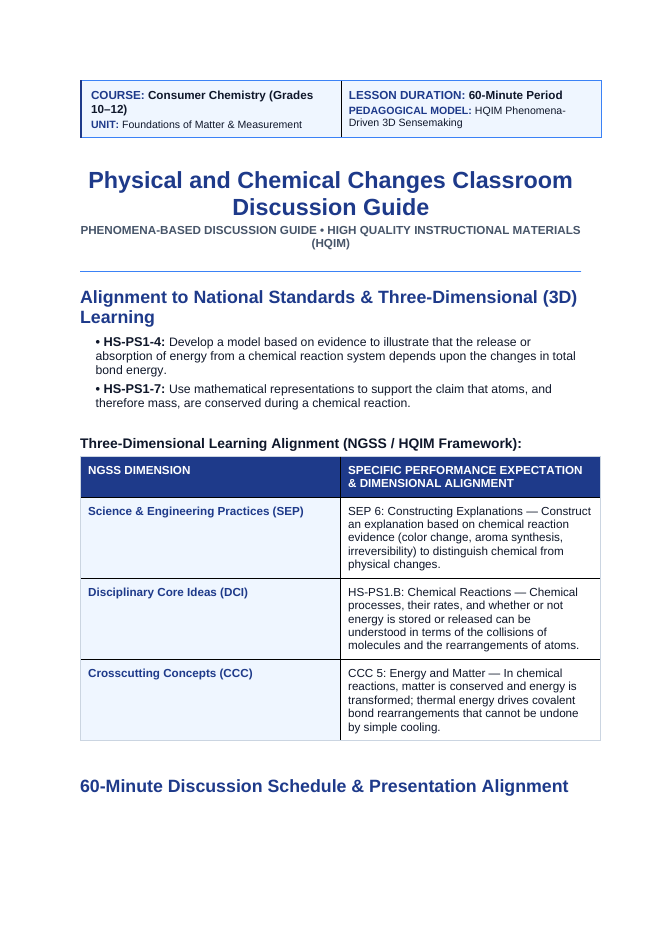 Physical & Chemical Changes Phenomena-Based Lesson: Irreversible Golden-Brown Crust Formation and Rich Aroma Generation During Bread Toasting Teacher Discussion Guide sample page