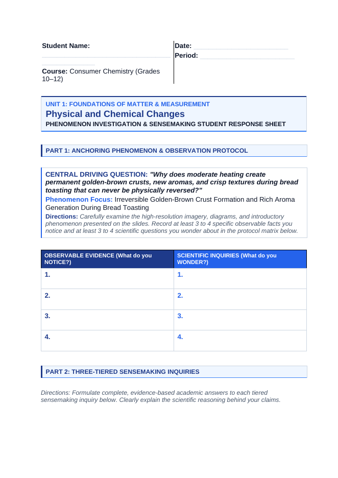 Physical & Chemical Changes Phenomena-Based Lesson: Irreversible Golden-Brown Crust Formation and Rich Aroma Generation During Bread Toasting Student Response Sheet sample page