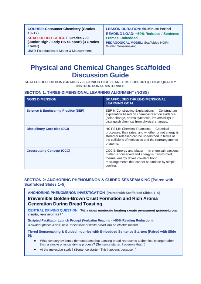 Physical & Chemical Changes Scaffolded Phenomena-Based Lesson: Irreversible Golden-Brown Crust Formation and Rich Aroma Generation During Bread Toasting Teacher Discussion Guide sample page