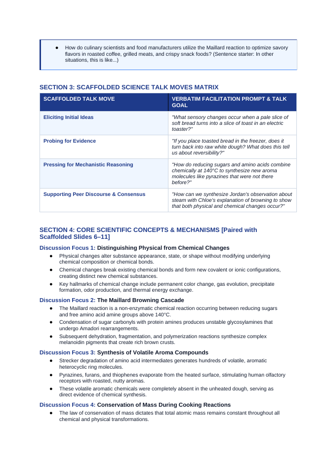 Physical & Chemical Changes Scaffolded Phenomena-Based Lesson: Irreversible Golden-Brown Crust Formation and Rich Aroma Generation During Bread Toasting Teacher Discussion Guide sample page