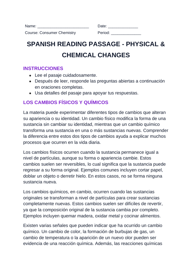 Physical & Chemical Changes Spanish Reading Passage & Comprehension Questions sample page