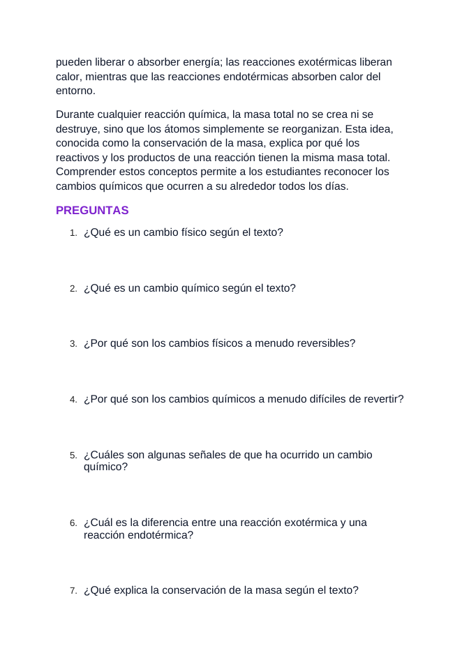 Physical & Chemical Changes Spanish Reading Passage & Comprehension Questions sample page