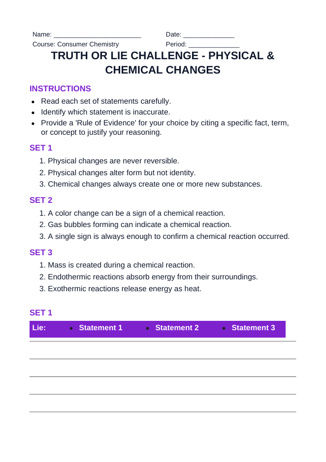 Physical & Chemical Changes Truth or Lie Challenge sample page