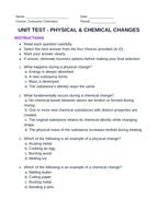 Physical & Chemical Changes Unit Test sample page