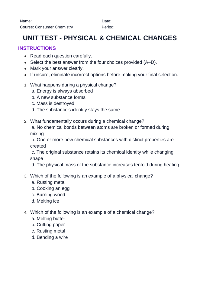 Physical & Chemical Changes Unit Test sample page