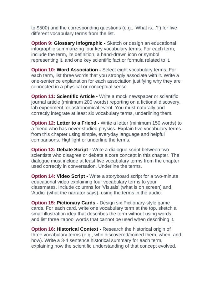 Physical & Chemical Changes Vocabulary Choice Board sample page