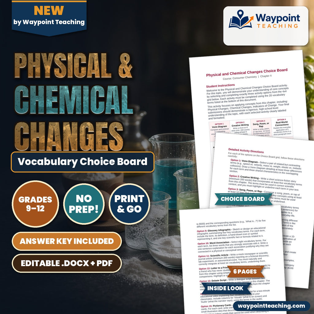 Physical & Chemical Changes Vocabulary Choice Board cover