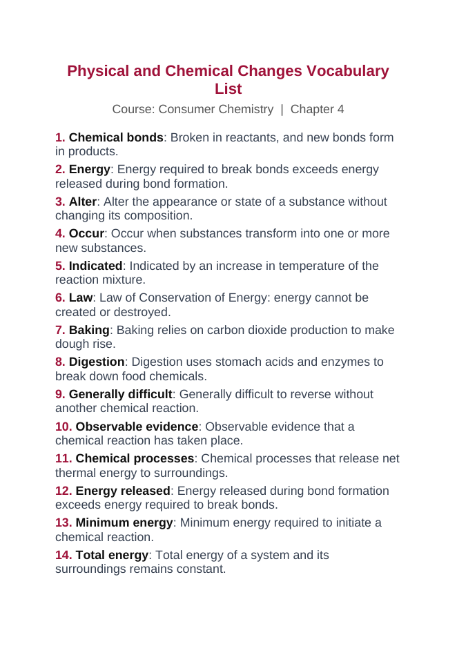 Physical & Chemical Changes Vocabulary Words & Definitions sample page