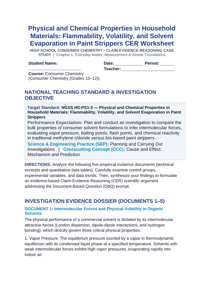 Physical and Chemical Properties in Household Materials: Flammability, Volatility, and Solvent Evaporation in Paint Strippers CER Phenomena Worksheet sample page