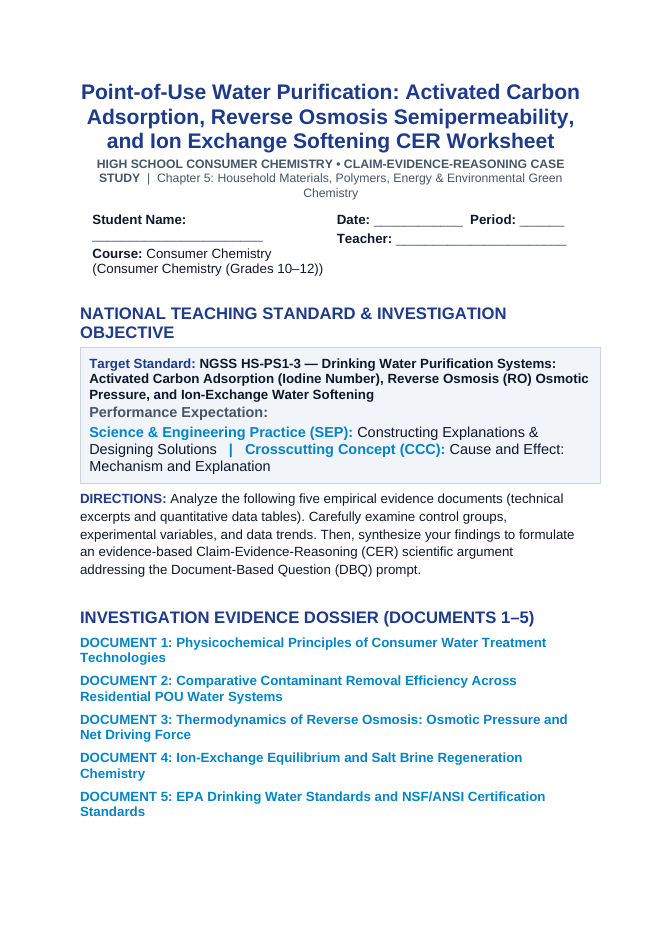 Point-of-Use Water Purification: Activated Carbon Adsorption, Reverse Osmosis Semipermeability, and Ion Exchange Softening CER Phenomena Worksheet sample page