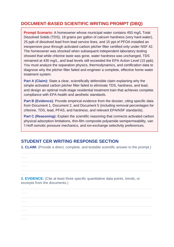 Point-of-Use Water Purification: Activated Carbon Adsorption, Reverse Osmosis Semipermeability, and Ion Exchange Softening CER Phenomena Worksheet sample page