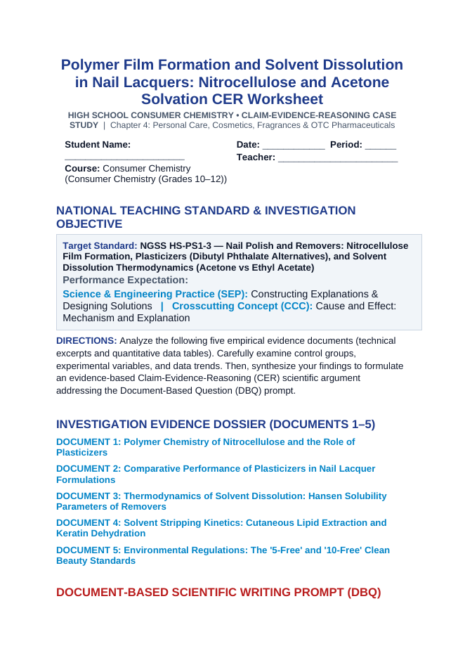 Polymer Film Formation and Solvent Dissolution in Nail Lacquers: Nitrocellulose and Acetone Solvation CER Phenomena Worksheet sample page