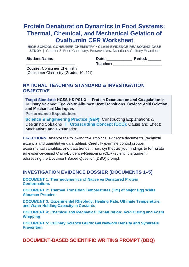 Protein Denaturation Dynamics in Food Systems: Thermal, Chemical, and Mechanical Gelation of Ovalbumin CER Phenomena Worksheet sample page