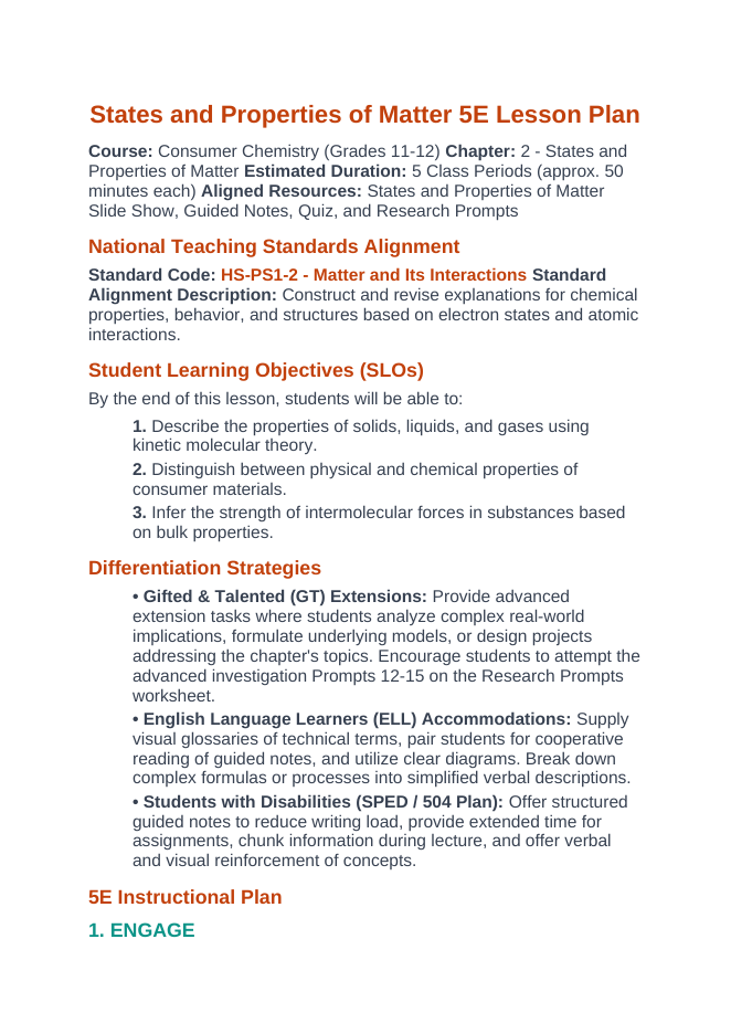 States & Properties of Matter 5E Lesson Plan sample page