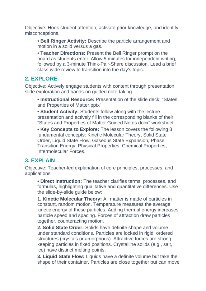 States & Properties of Matter 5E Lesson Plan sample page