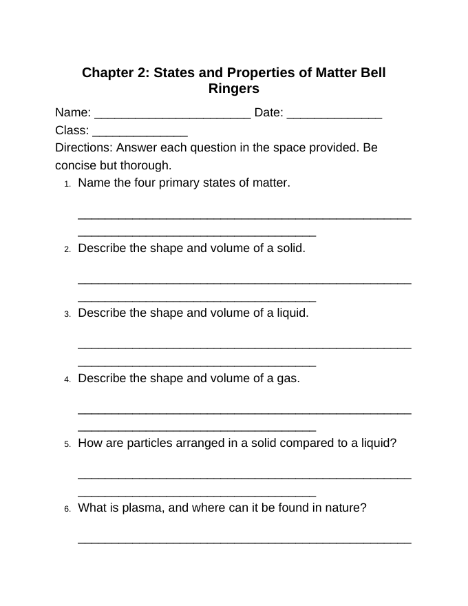 States & Properties of Matter Bell Ringers & Exit Tickets sample page