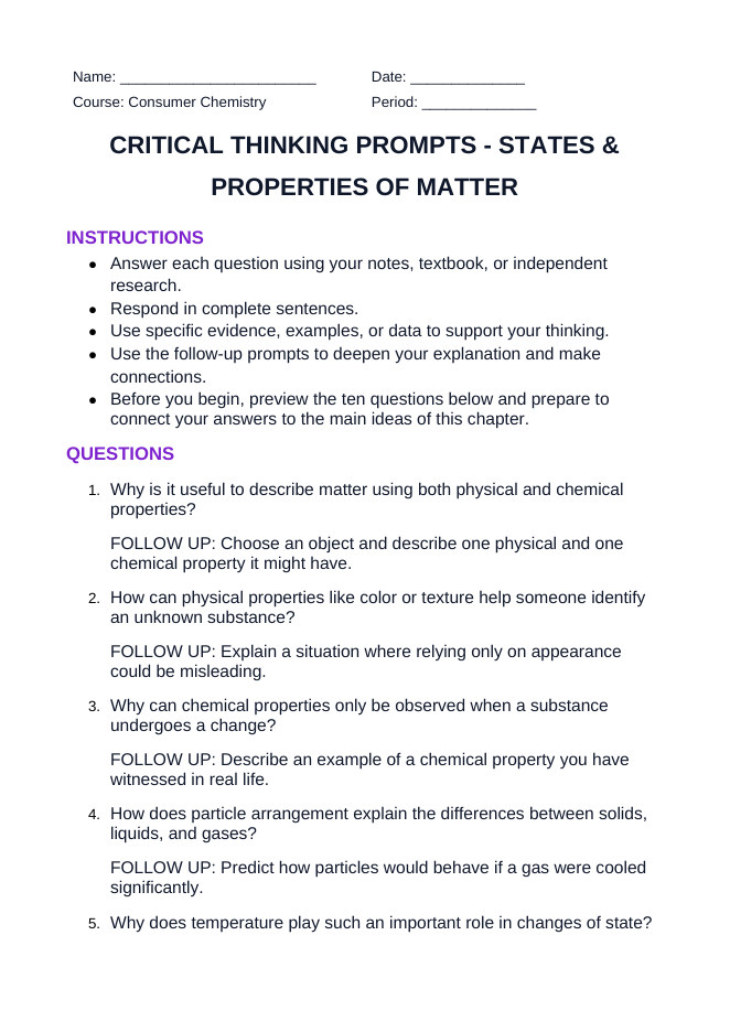 States & Properties of Matter Critical Thinking Prompts sample page