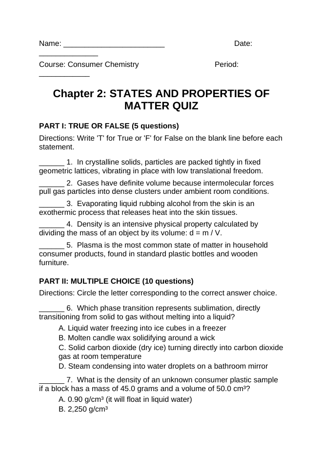 States & Properties of Matter Lesson Quiz sample page