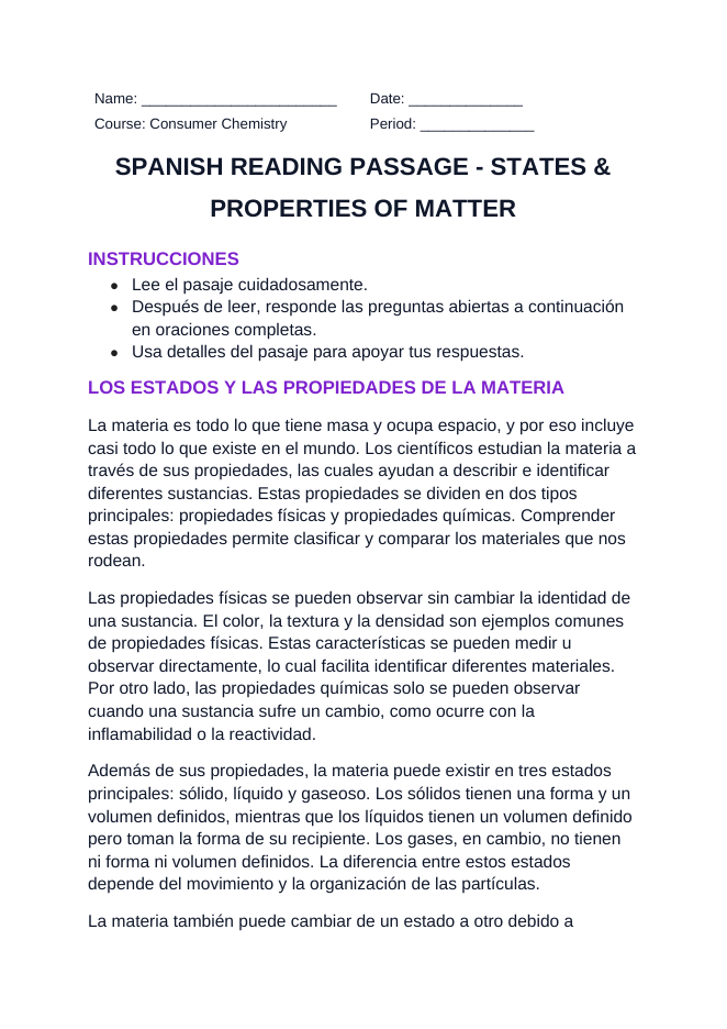 States & Properties of Matter Spanish Reading Passage & Comprehension Questions sample page