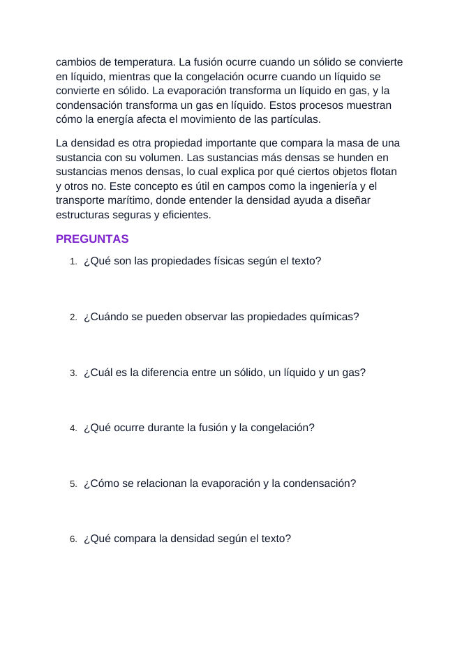 States & Properties of Matter Spanish Reading Passage & Comprehension Questions sample page