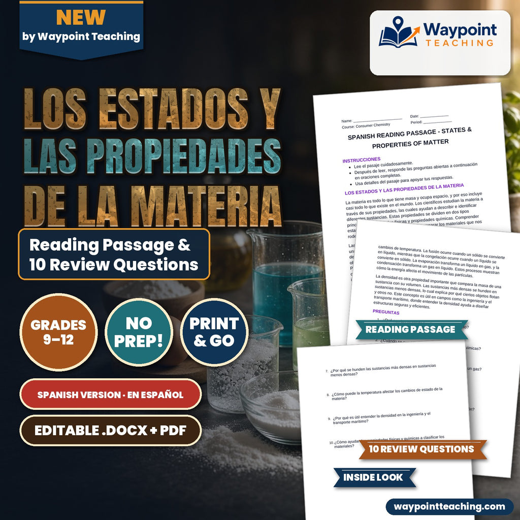 States & Properties of Matter Spanish Reading Passage & Comprehension Questions cover