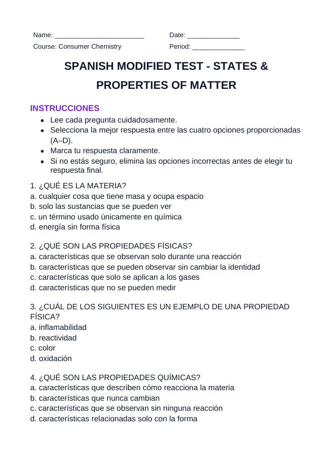 States & Properties of Matter Spanish Unit Test sample page