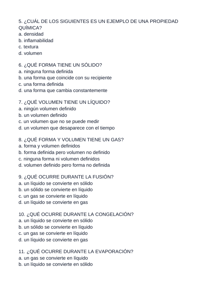 States & Properties of Matter Spanish Unit Test sample page