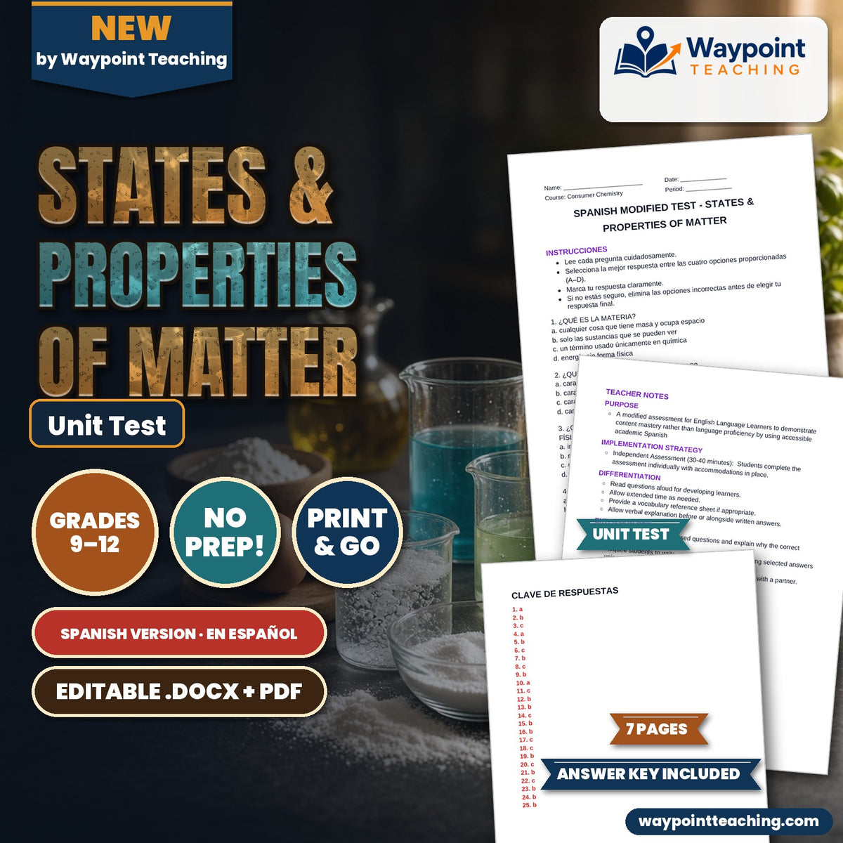 States & Properties of Matter Spanish Unit Test cover