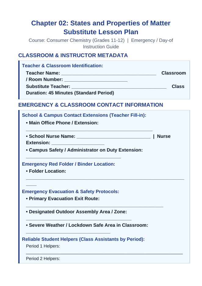 States & Properties of Matter Substitute Lesson Plan sample page