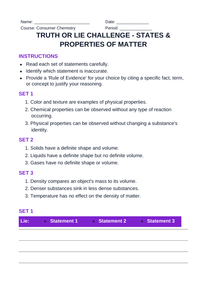States & Properties of Matter Truth or Lie Challenge sample page