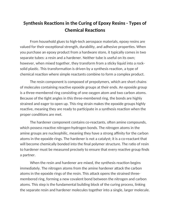 Synthesis Reactions in the Curing of Epoxy Resins Reading Worksheet sample page