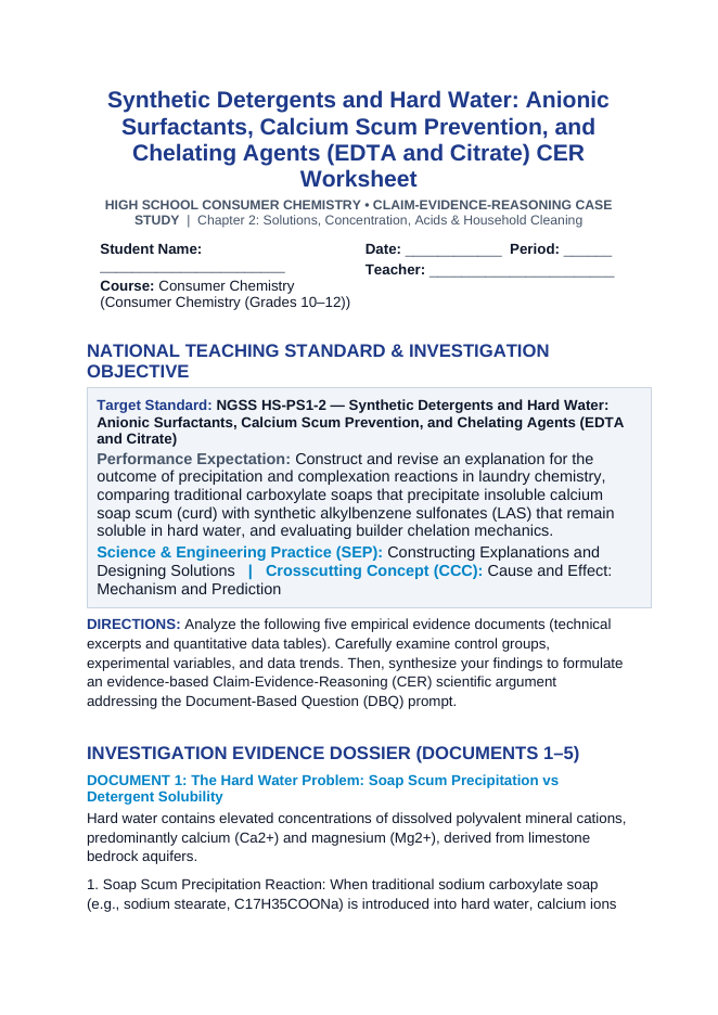 Synthetic Detergents and Hard Water: Anionic Surfactants, Calcium Scum Prevention, and Chelating Agents (EDTA and Citrate) CER Phenomena Worksheet sample page