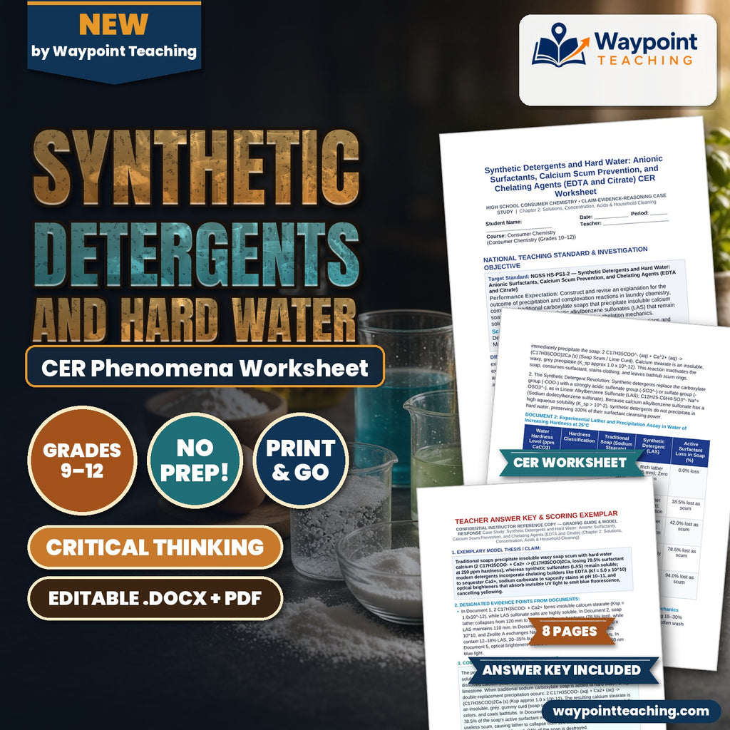 Synthetic Detergents and Hard Water: Anionic Surfactants, Calcium Scum Prevention, and Chelating Agents (EDTA and Citrate) CER Phenomena Worksheet cover