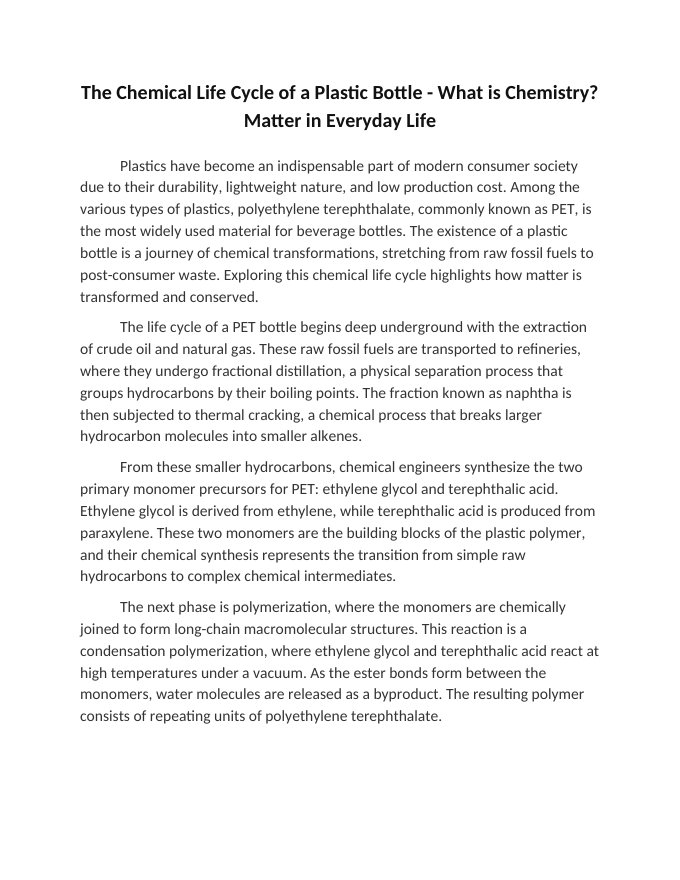 The Chemical Life Cycle of a Plastic Bottle Reading Worksheet sample page