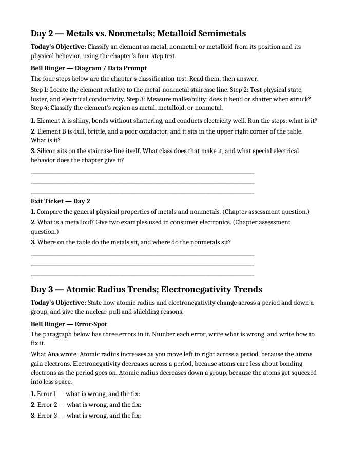 The Periodic Table of Elements Bell Ringers & Exit Tickets sample page