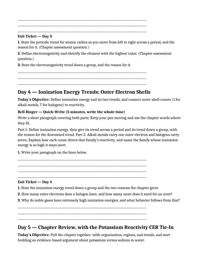 The Periodic Table of Elements Bell Ringers & Exit Tickets sample page